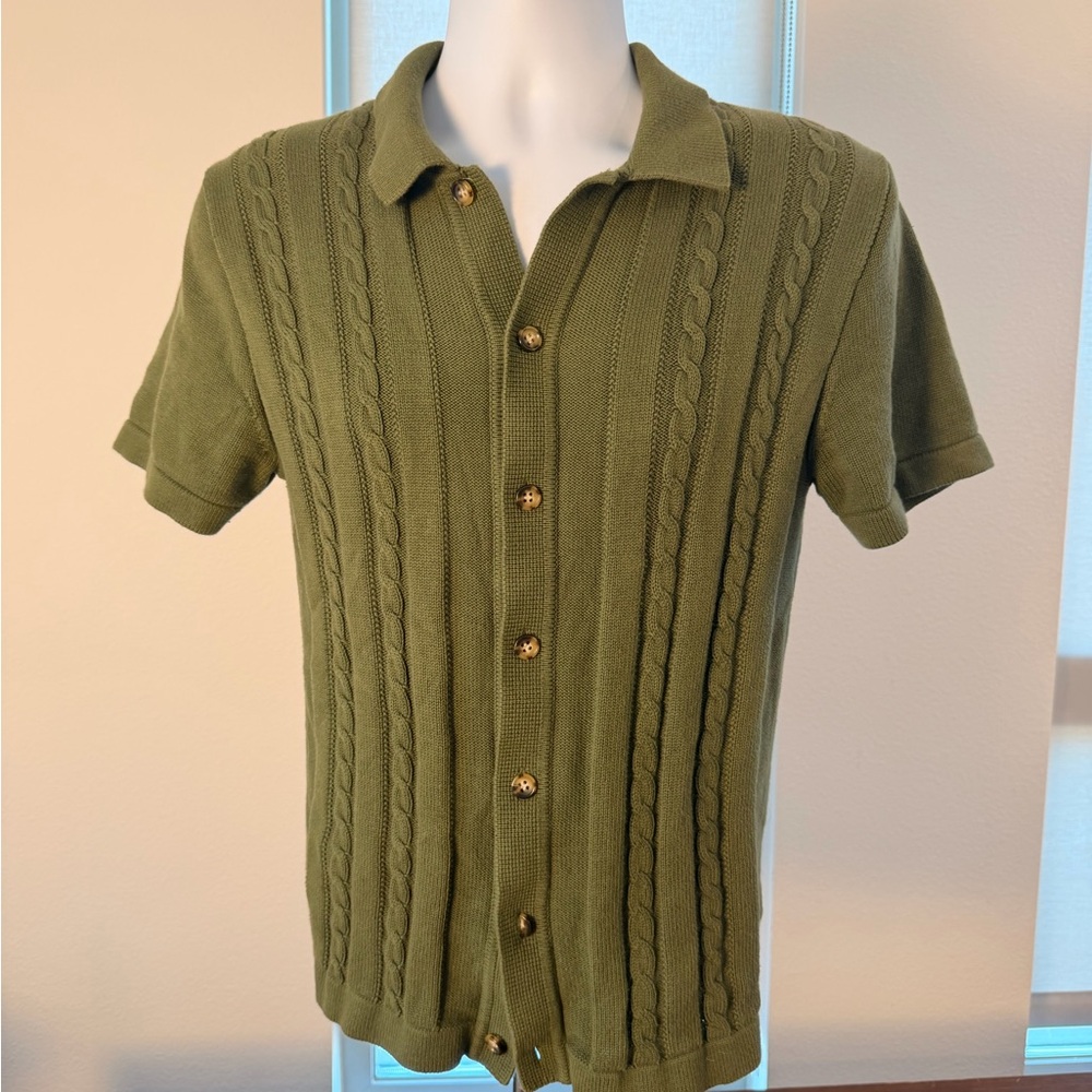 J.Crew Cable Knit Short Sleeve Button Up Polo Shirt Green Men’s Small